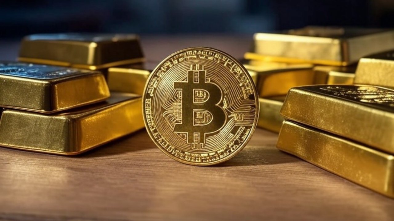 عملة بيتكوين ذهبية تقف أمام سبائك ذهبية لامعة، تمثل منافسة البيتكوين للذهب كأكبر أصل عالمي.