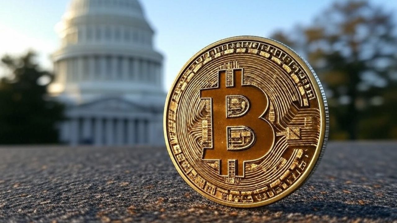 عملة بيتكوين أمام مبنى الكابيتول الأمريكي، ترمز إلى مناقشات السياسة الاقتصادية للبيتكوين في الولايات المتحدة.