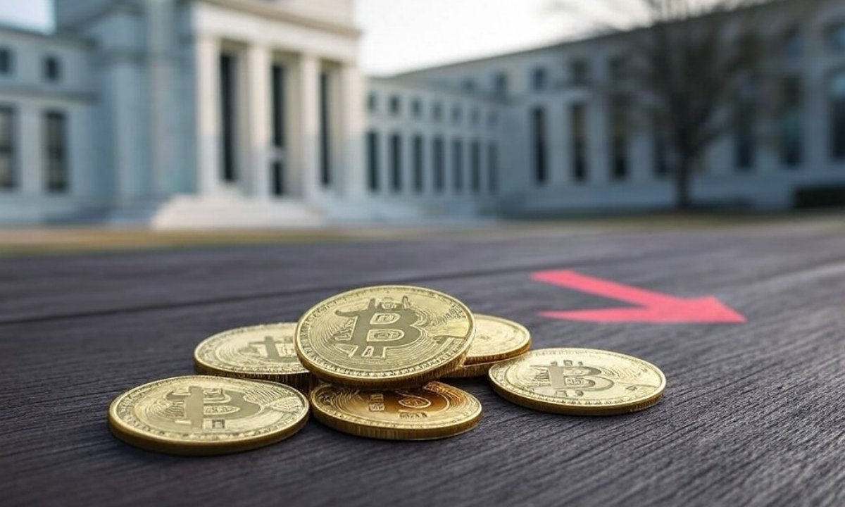 صورة عملات بيتكوين أمام مبنى يشبه الاحتياطي الفيدرالي مع سهم أحمر يشير إلى الانخفاض.