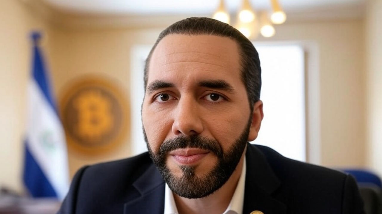 صورة للرئيس نجيب بوكيلي مع شعار البيتكوين في الخلفية وعلم السلفادور، تمثل دوره في تعزيز تبني البيتكوين كعملة قانونية.