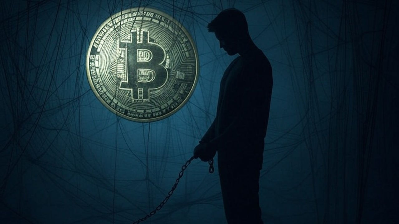 صورة تعبيرية لرجل مكبل بالسلاسل مع رمز البيتكوين في الخلفية، تعكس الجدل حول استخدام العملات المشفرة في الأنشطة غير القانونية.
