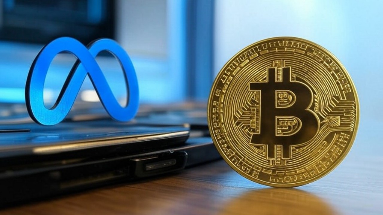 شعار ميتا وعملة بيتكوين ذهبية على سطح مكتب