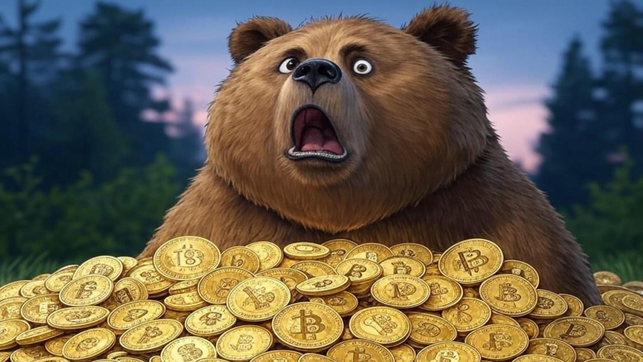دب روسي مذهول أمام كومة من عملات البيتكوين الذهبية