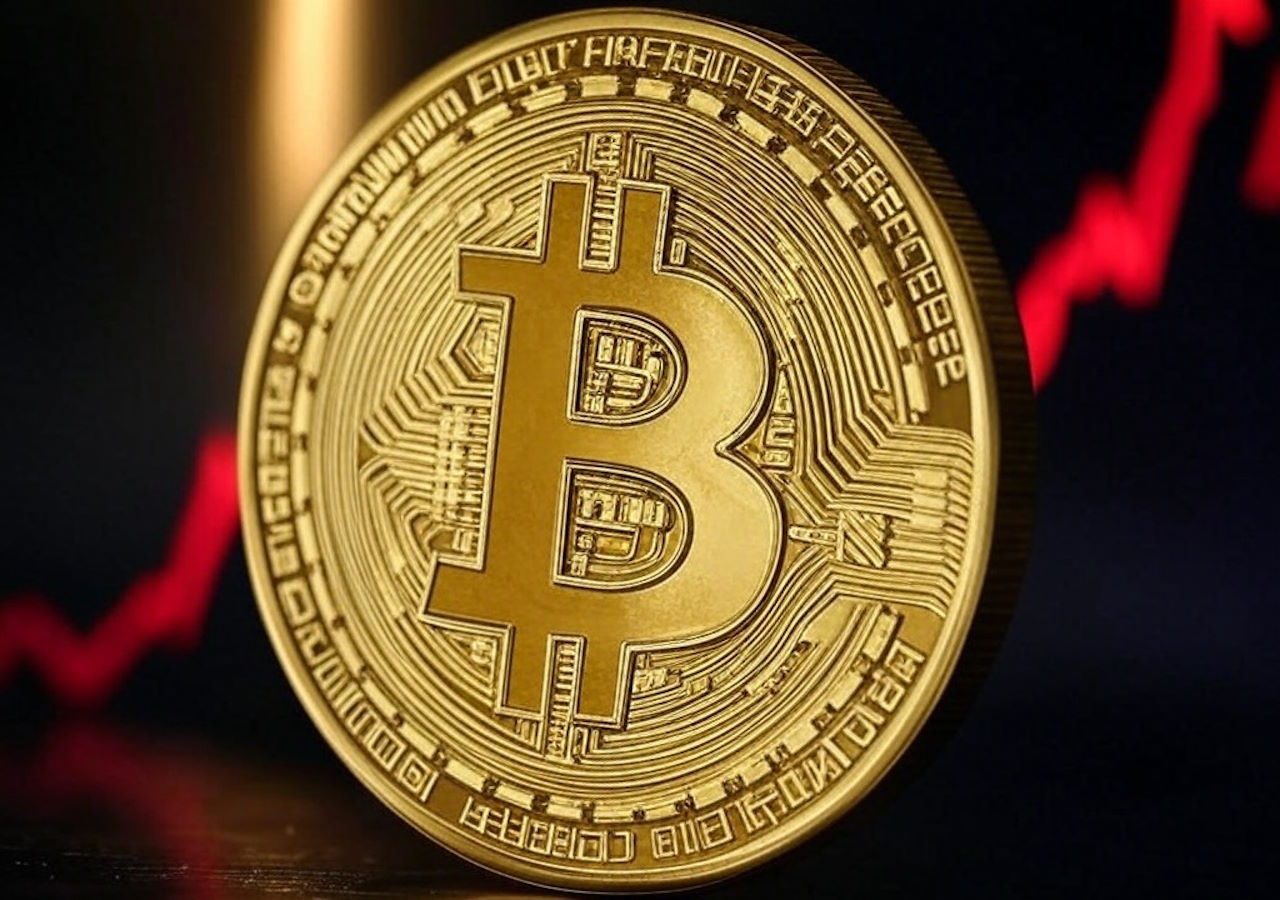 بيتكوين ذهبية مع خلفية تُظهر مخططًا بيانيًا متذبذبًا باللون الأحمر، يرمز إلى تقلبات سعر البيتكوين.